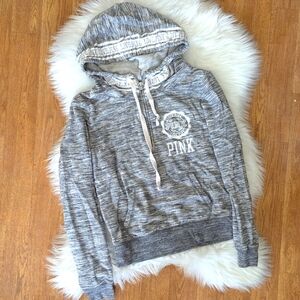 PINK Victoria's Secret Gray Pullover Partial Zip Hoodie With White Print